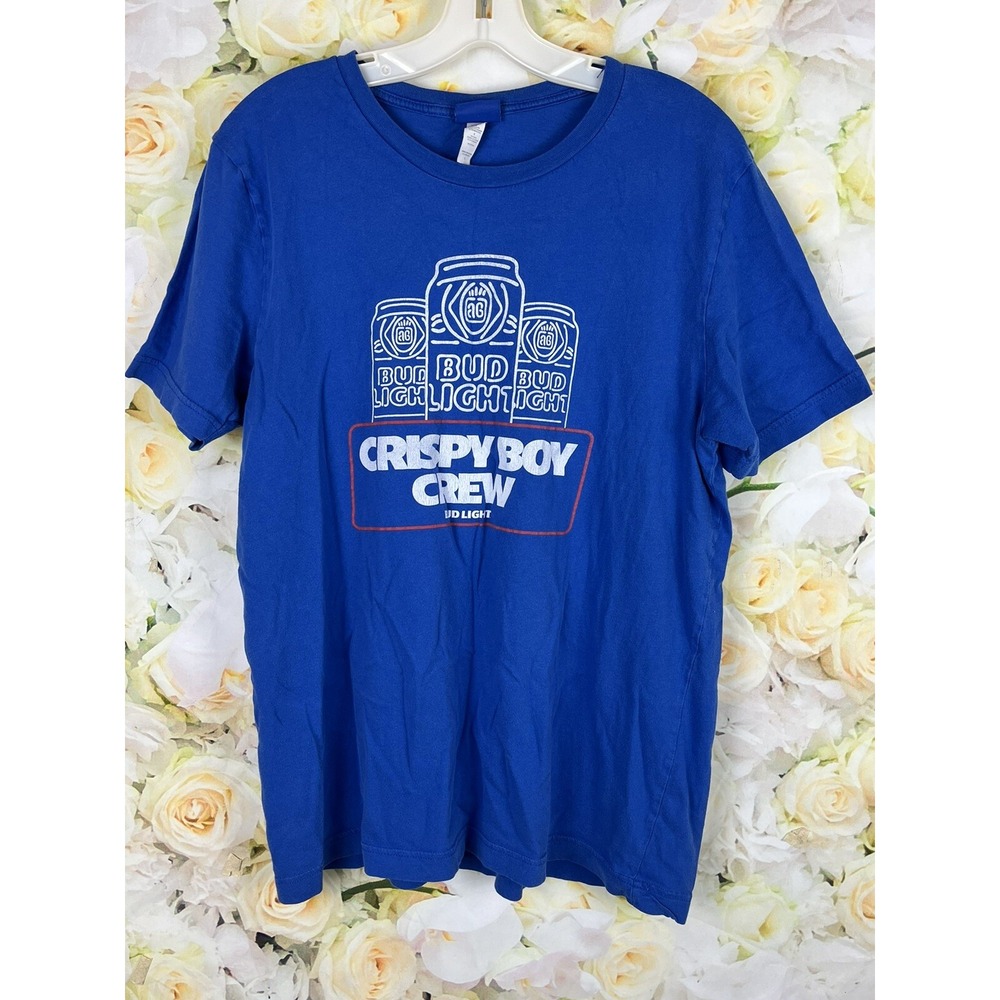 Bud Light BEER Shirt Mens Size LARGE Crispy Boy Crew Cans BREW CITY BRAND Blue